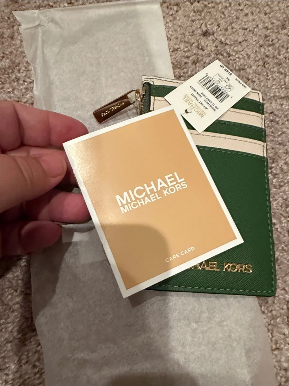 Michael Kors Green and Cream Saffiano Card Case with Zip